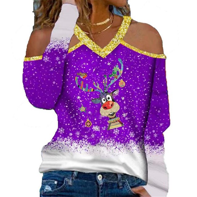 Mujeres Navidad Elk Impreso Hombro frío Navidad Tops Blusa Camisa Tallas grandes ShuxiuWang 8390612488610