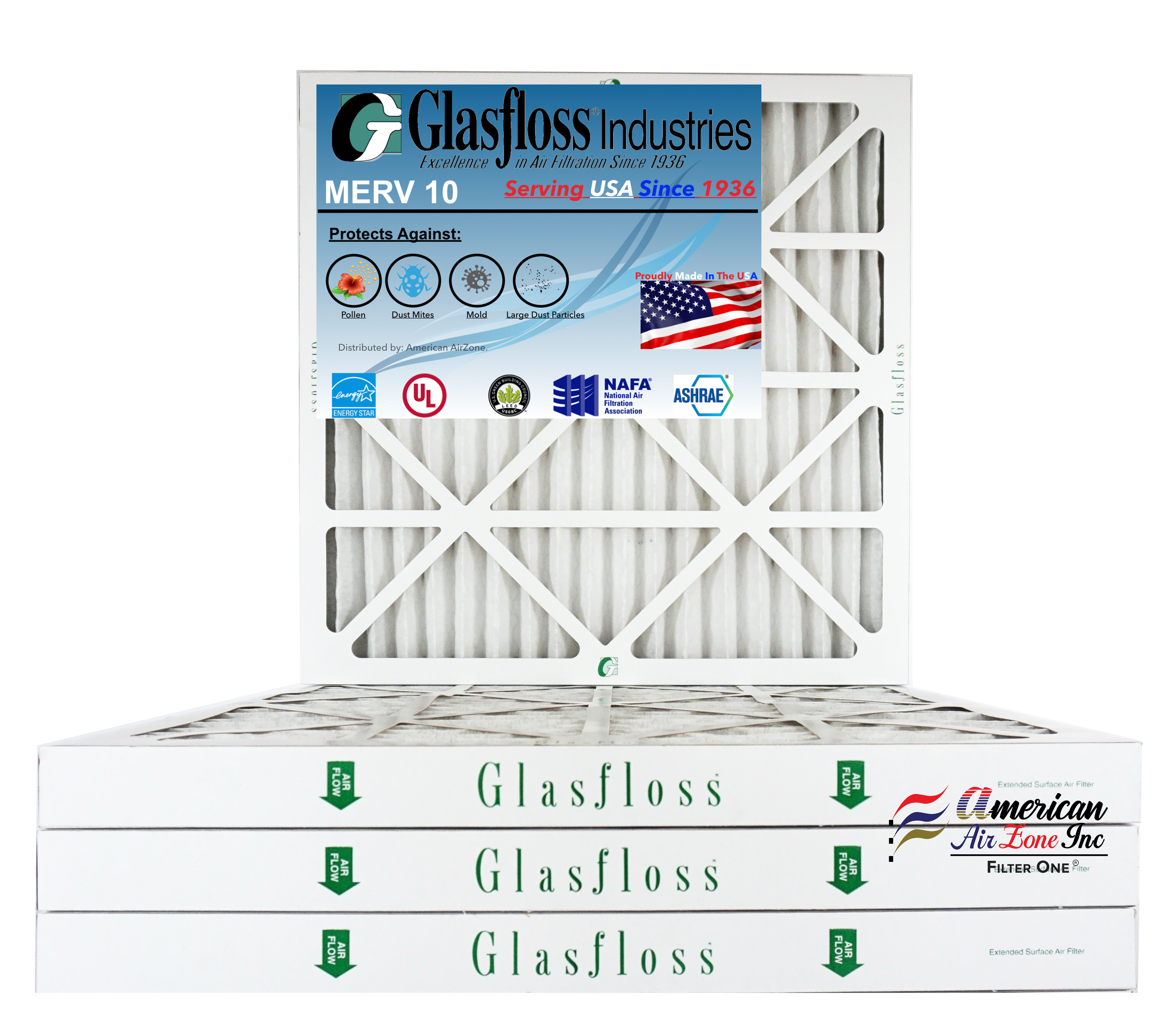 Glasfloss Air Filter 25x25x2 2" MERV 10 (Pack of 4) Pleated AC or