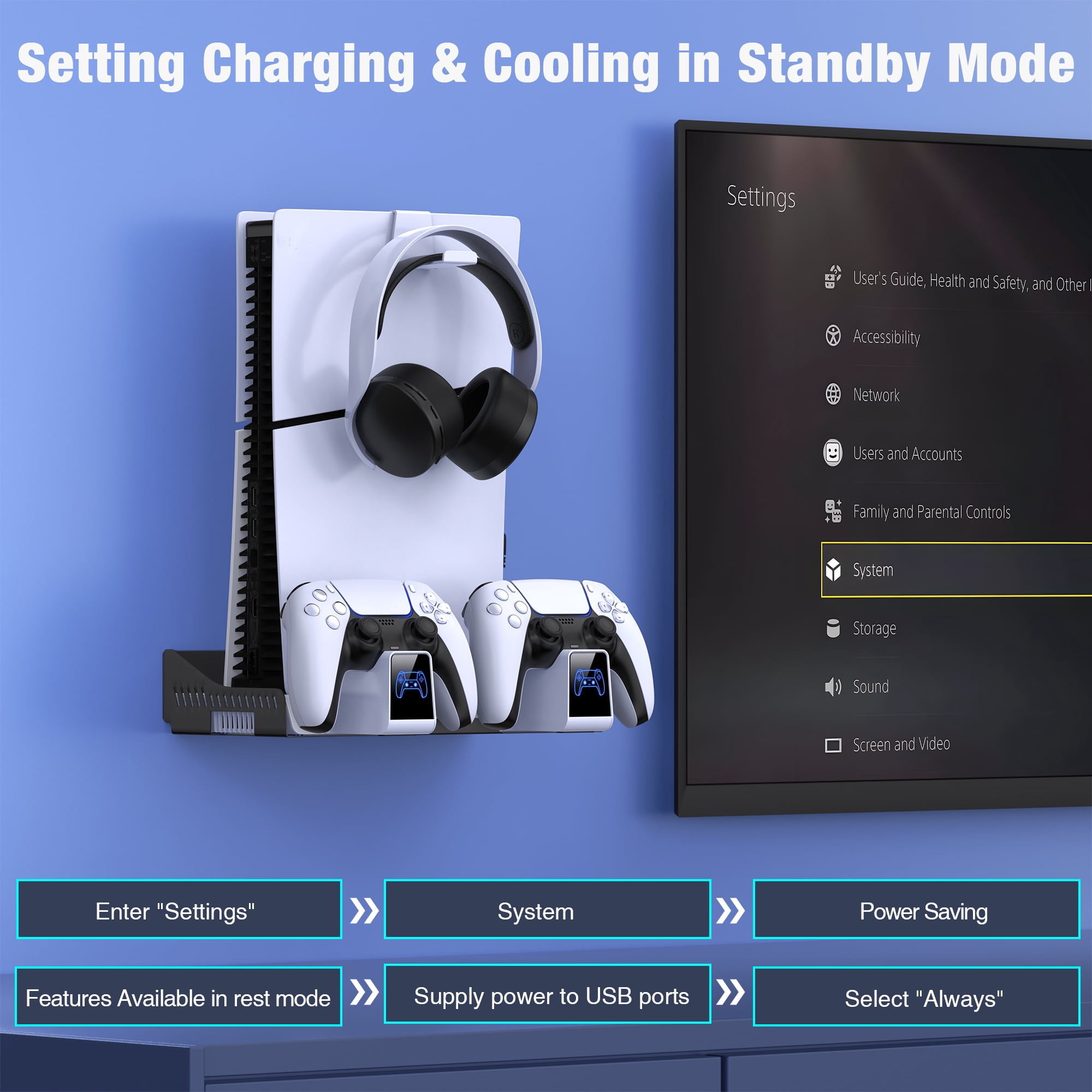 Stand for PS5 with Wall Mount, Vertical Stand with Turbo Cooler Fan/ Light, Cooling Stand for PS5 Slim Disc & Digital Edition/Playstation 5 Console, PS5 Controller Charger/Headset Holder