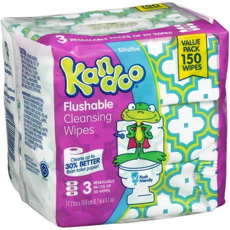 Kandoo Sensitive Flushable Baby Wipes, 3 packs of 50 (150 count)