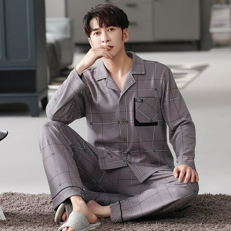 

QWZNDZGR Big Size M-4XL Autumn HQ Cotton Gentleman Men Pyjamas Men s Pajamas Sets Lapel Sleepwear Pyjamas Night Suits Pijamas Homewear PJ