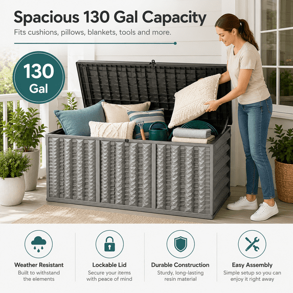 130 Gallon Resin Deck Box, Outdoor Lockable Storage Container for Patio Cushions, Garden Tools, Pool Supplies, Toys, Water Resistant and UV Resistant, Reinforced Rib Design, Gray