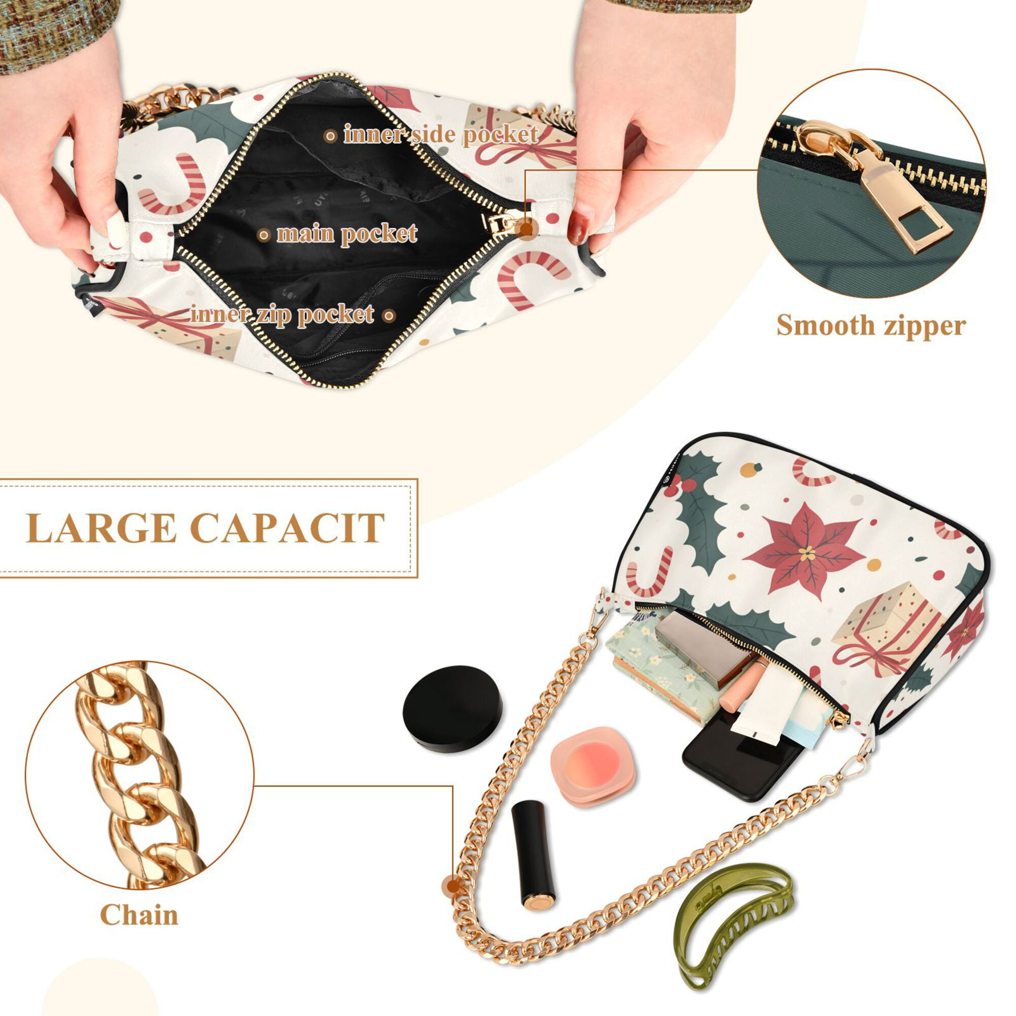 FORMRS Womens Shoulder Bag with Chain Strap Clutch Purse Cute Tote Handbag, Beige Christmas Candy Canes