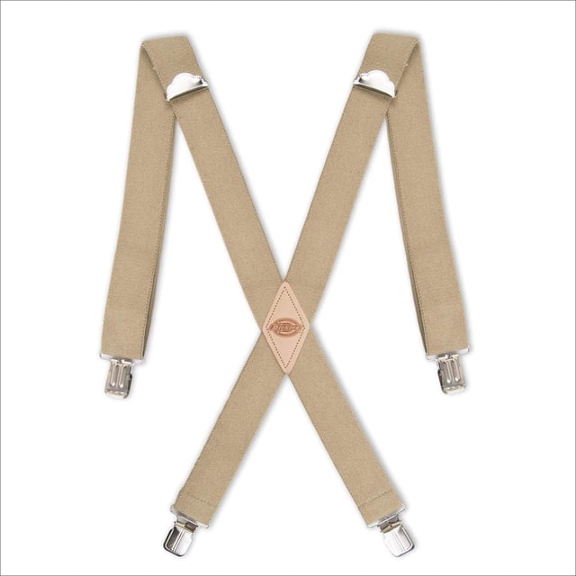 Dickies Men's 1-1/2 Solid Straight Clip Suspender in beige, featuring a durable elastic construction with a 1.5-inch width. Designed in an X-back style with a leather back patch, silver metal adjusters, and heavy-duty clip ends. Adjustable length from 31 to 48.5 inches, suitable for work or casual wear.