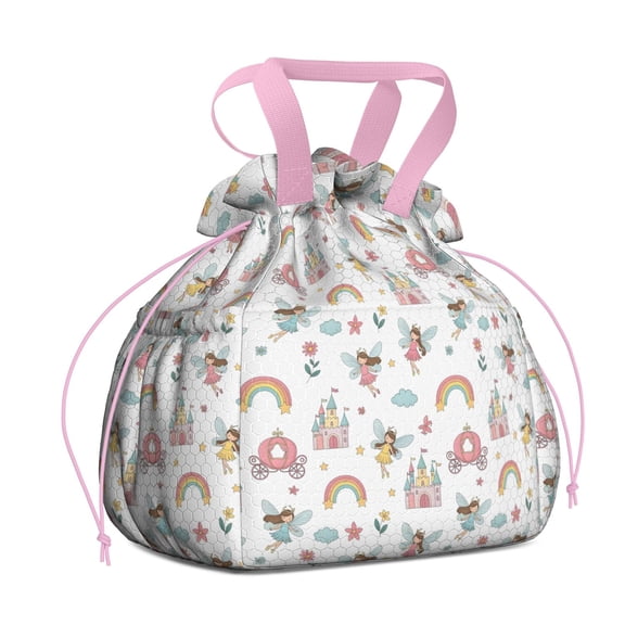 White Princess Fairy Castle Pattern Drawstring Lunch Bag Women - Drawstring Lunch Bag Insulated for Work Office - Stain-Resistant Large Lunchbags for Women with Multi-Pockets
