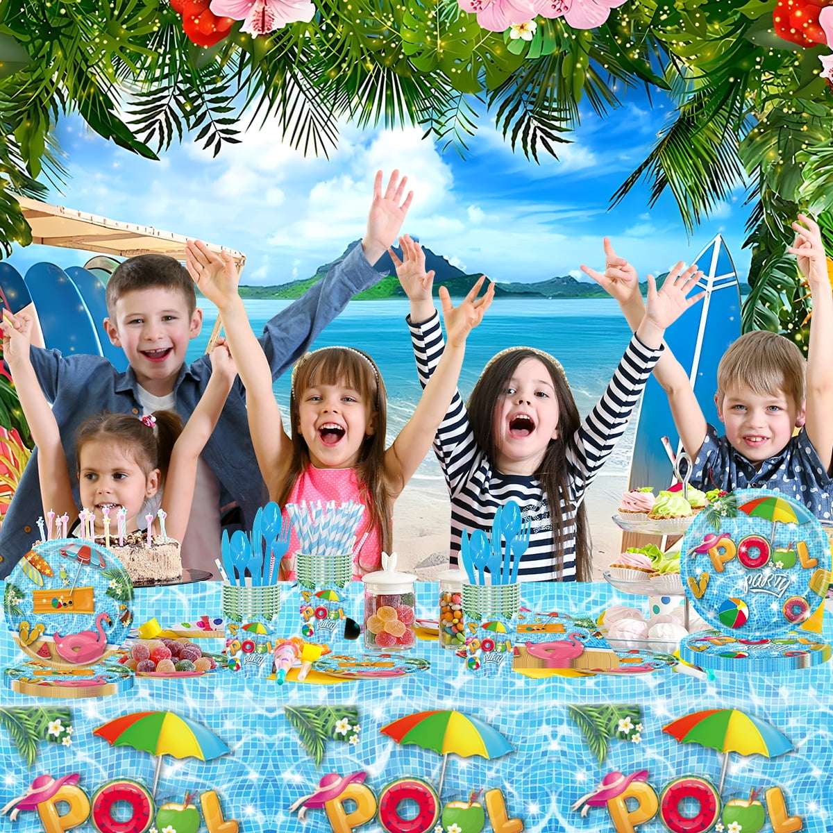 Summer Party Paper Plates Pool Party Tableware Set for Beach Hawaiian Party Favor Supplies Serve 16 Guests
