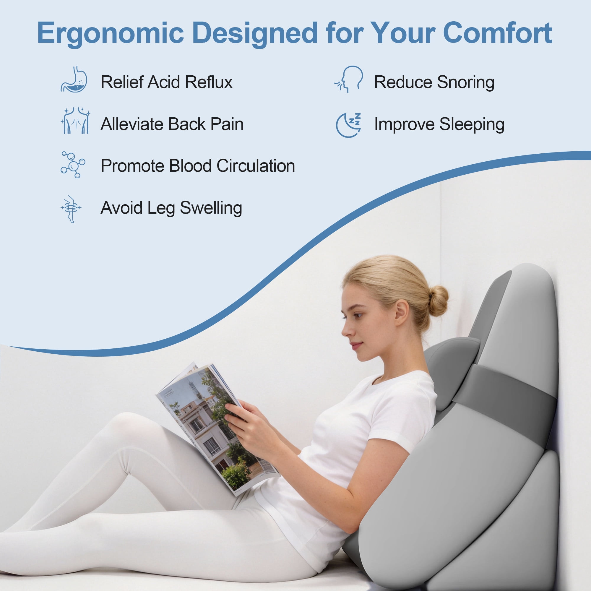 KAIPARA 3PCS Adjustable Wedge Pillow Headboard Set for Sleeping, Ergonomic Reading Pillow for Sitting in Bed, Bed Wedge with Premium Memory Foam for Back Pain Relief & Support, Leg Elevation