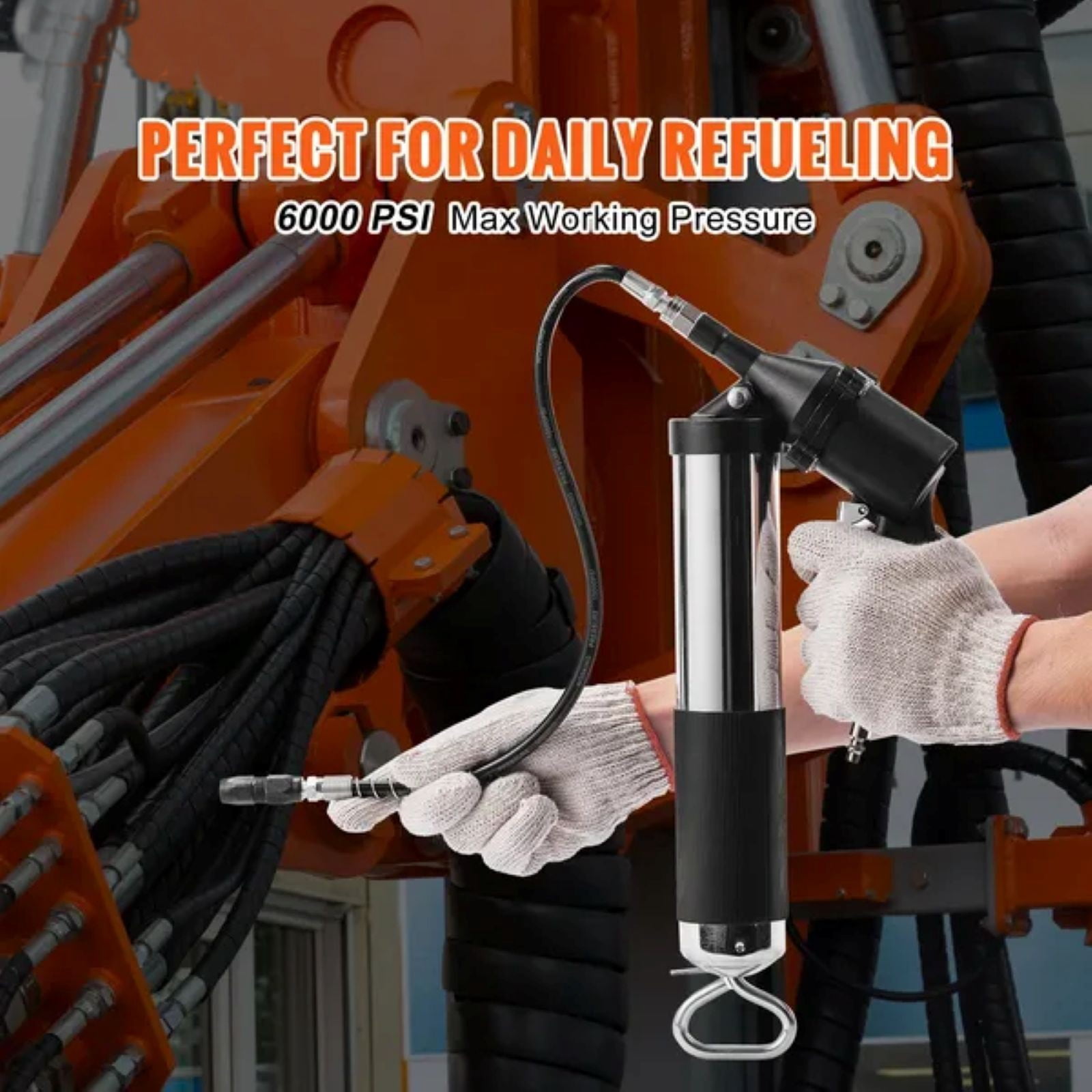 Air Operated Grease Gun, 6000PSI, 14 OZ/400 CC Capacity Heavy Duty Pneumatic Grease Gun, with 18.5 Inch Flexible Hose, 1 Black Flat Coupler Pointed Coupler Bent Metal Pipe Locking Clamp Coupler