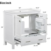 30 Bathroom Vanity with Single Sink, Combo Cabinet Undermount Sink, Bathroom Storage Cabinet with 2 Doors and a Drawer, Soft Closing, Multifunctional Storage, Solid Wood Frame, White