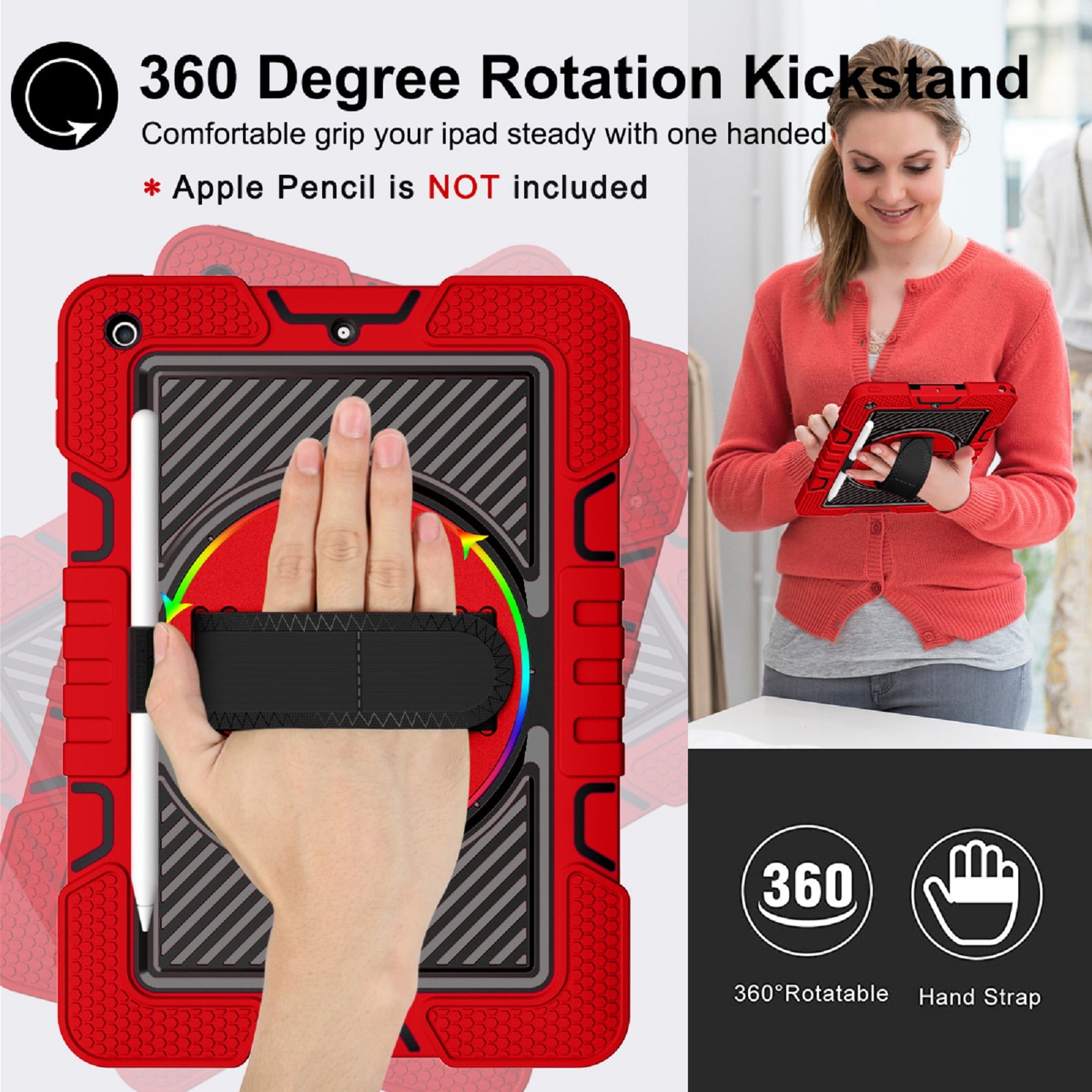 ELEHOLD Rugged Case For Apple iPad 11th(A16) 2025 Three-Layer Hybrid Muti-Functional Case with 360° Rotating Kickstand Pencil Holder Handstrap Shoulder Strap Shockproof Case ,B