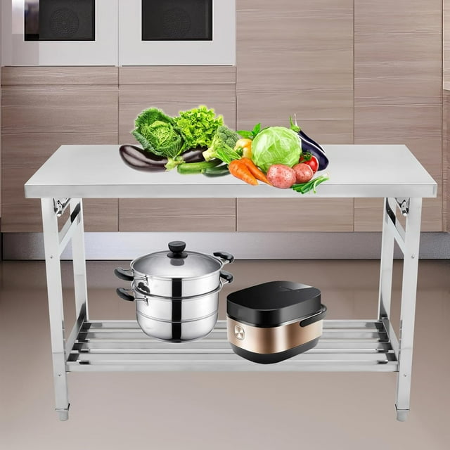 GloryStar Table de Travail en Acier Inoxydable 48 x 24 Pouces, Table de Préparation de Cuisine Pliante Commerciale Robuste Certifiée NSF, Poste de Travail de Cuisine avec Tablette Inférieure Ajustable pour Restaurant, Cuisine, Service Alimentaire