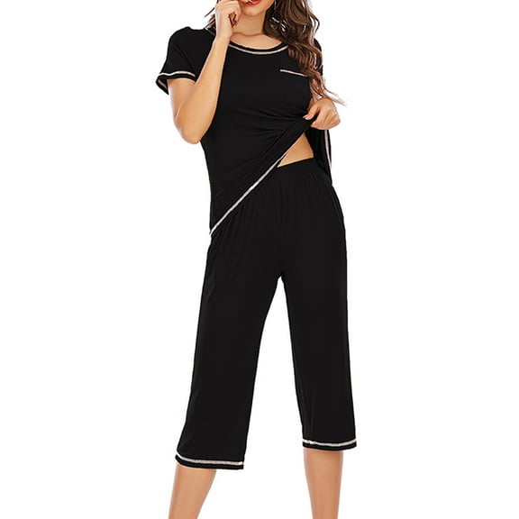 TrendVibe365 Outfit Sets for Women Summer Solid Color Crewneck Short Sleeve Shirts and Capris Pants Casual Travel Pajamas Lounge Set Loungewear Summer Outfits