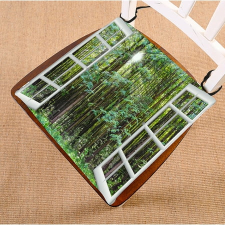 Bow Window Seat Cushions PHFZK Landscape Nature Scenery Chair Pad, Beautiful Sunrise Green Forest View from the Window Seat Cushion Chair Cushion Floor Cushion Two Sides Size 16x16 inches ()