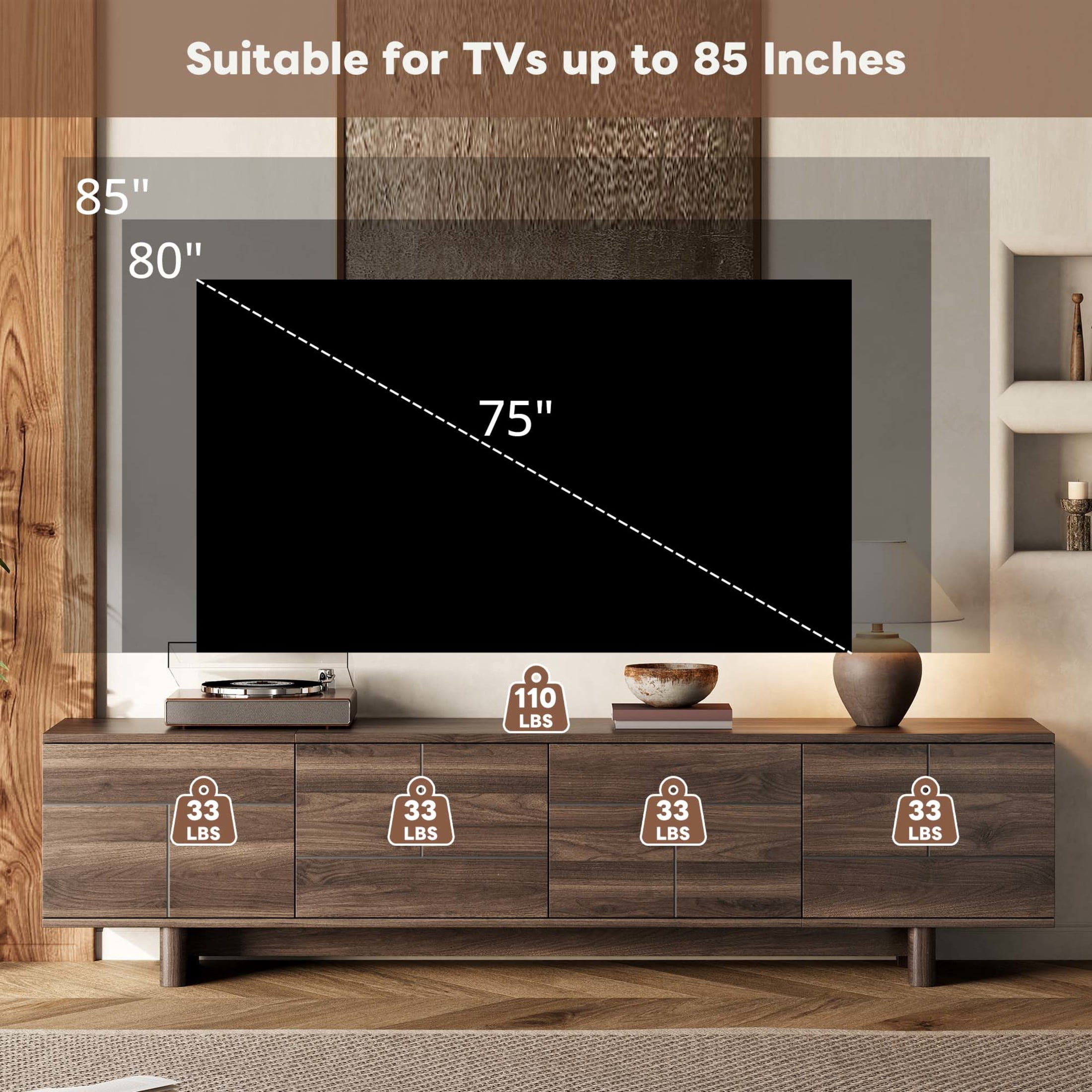 Noble House Modern TV Stand for TVs up to 85" with Push-Open Storage, Adjustable Shelves, Dark Brown