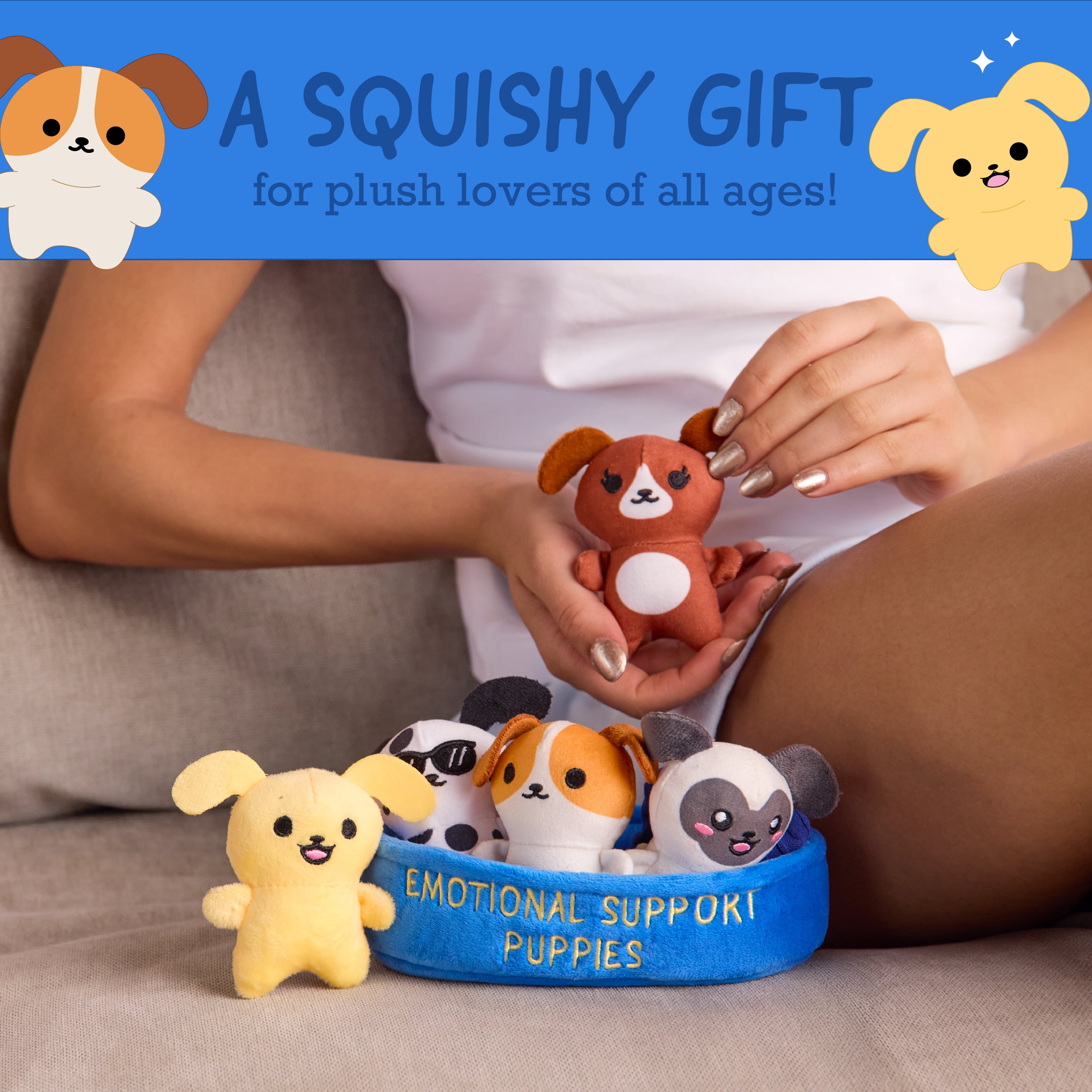 Emotional Support Pals Puppies, Plush Animal Toys, Includes 5 Plushies with Carrying Basket