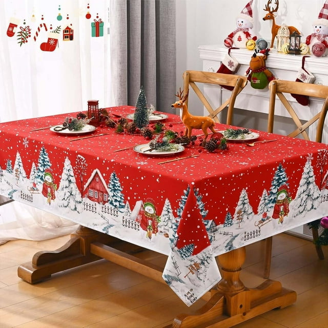 Christmas Tablecloth 60×104 Inch, Winter Snowflake Christmas Trees Table Cloth, Red Christmas Table Cloth Rectangle, Waterproof Washable Christmas Table Cover for Party Kitchen Dining Room
