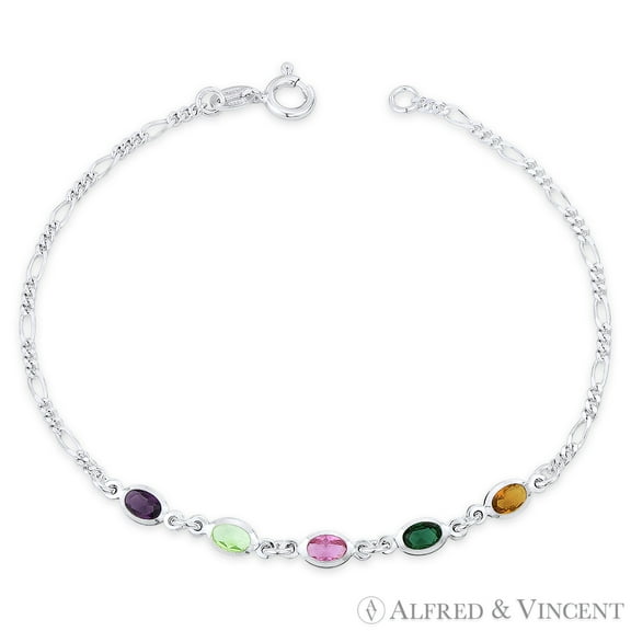 Purple, Blue, Pink, Green & Yellow Oval Cut CZ Crystal & 2.2mm Figaro Italian Chain Anklet in .925 Sterling Silver