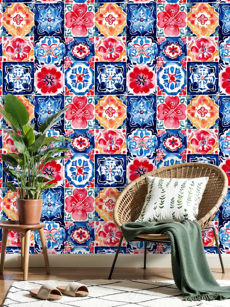 Peel and Stick Wallpaper Colorful Floral Tile Red Blue Yellow Watercolor Style Wall Mural 23.6in x 9.8ft Self Adhesive Removable Wall Paper Renter Friendly Wallpaper for Bedroom