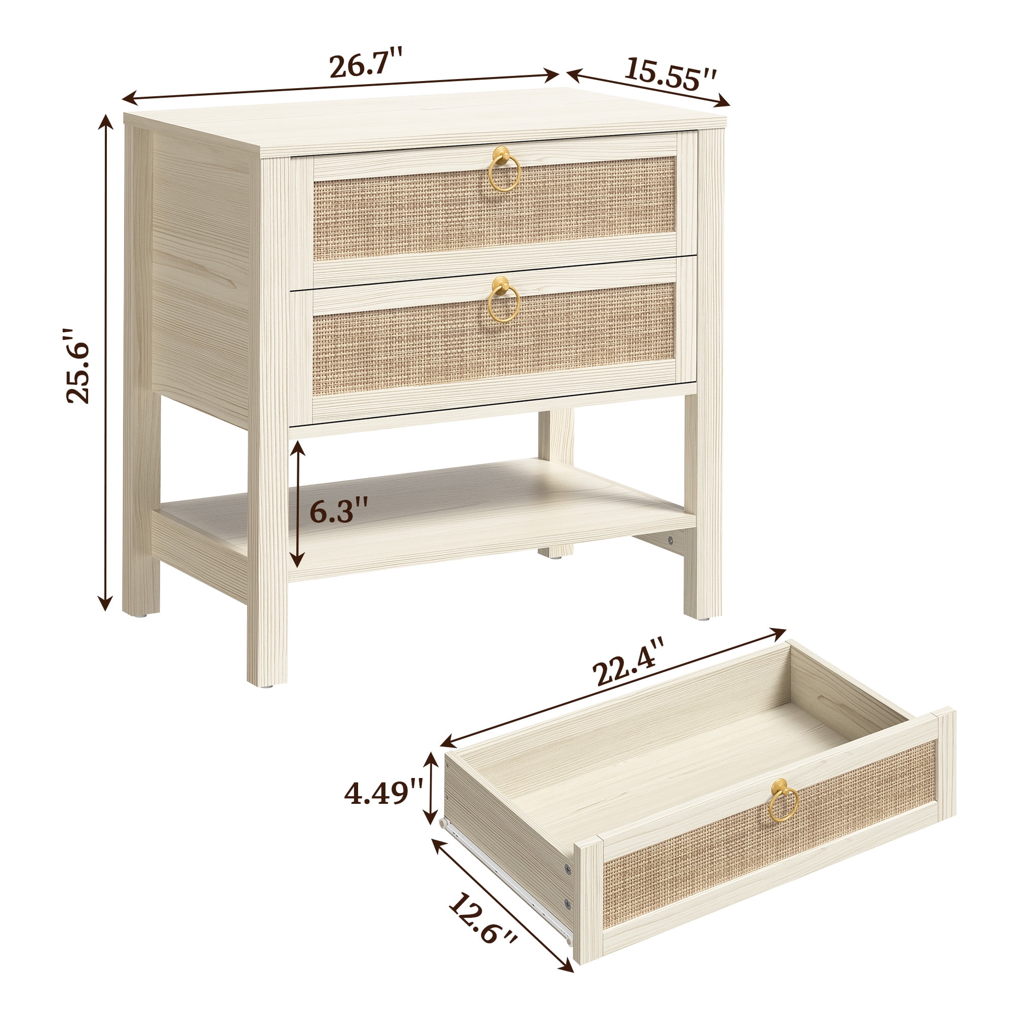 Surmoby 26.7"W Boho Nightstand Set of 2 - Coastal Farmhouse Bedside Tables with 2 Rattan Drawers & Open Shelf, Cream White Finish for Bedroom/Living Room