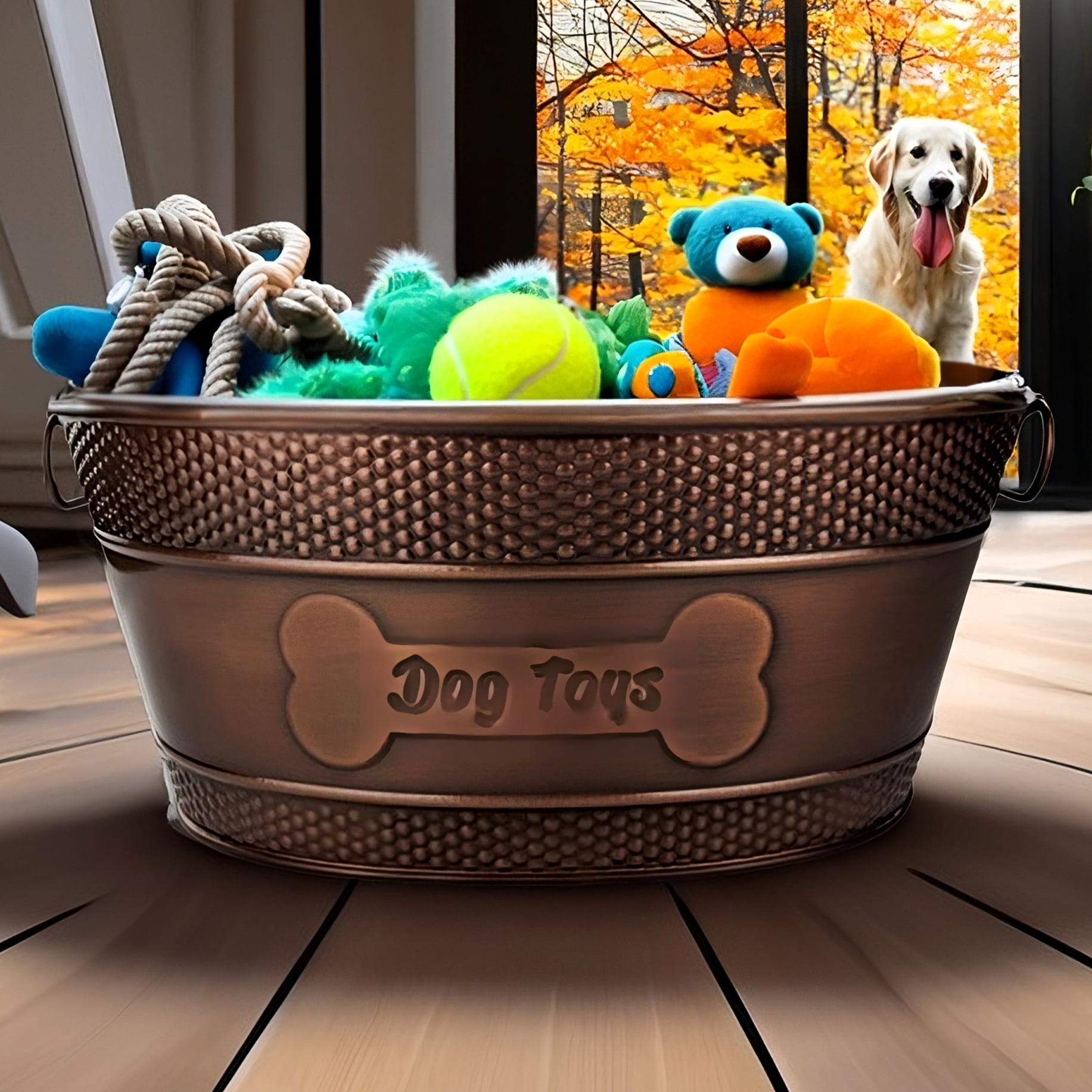 BREKX Metal Indestructible Dog Toy Bin, Antique Copper Oval, 18"L x 13"W x 7.5"H