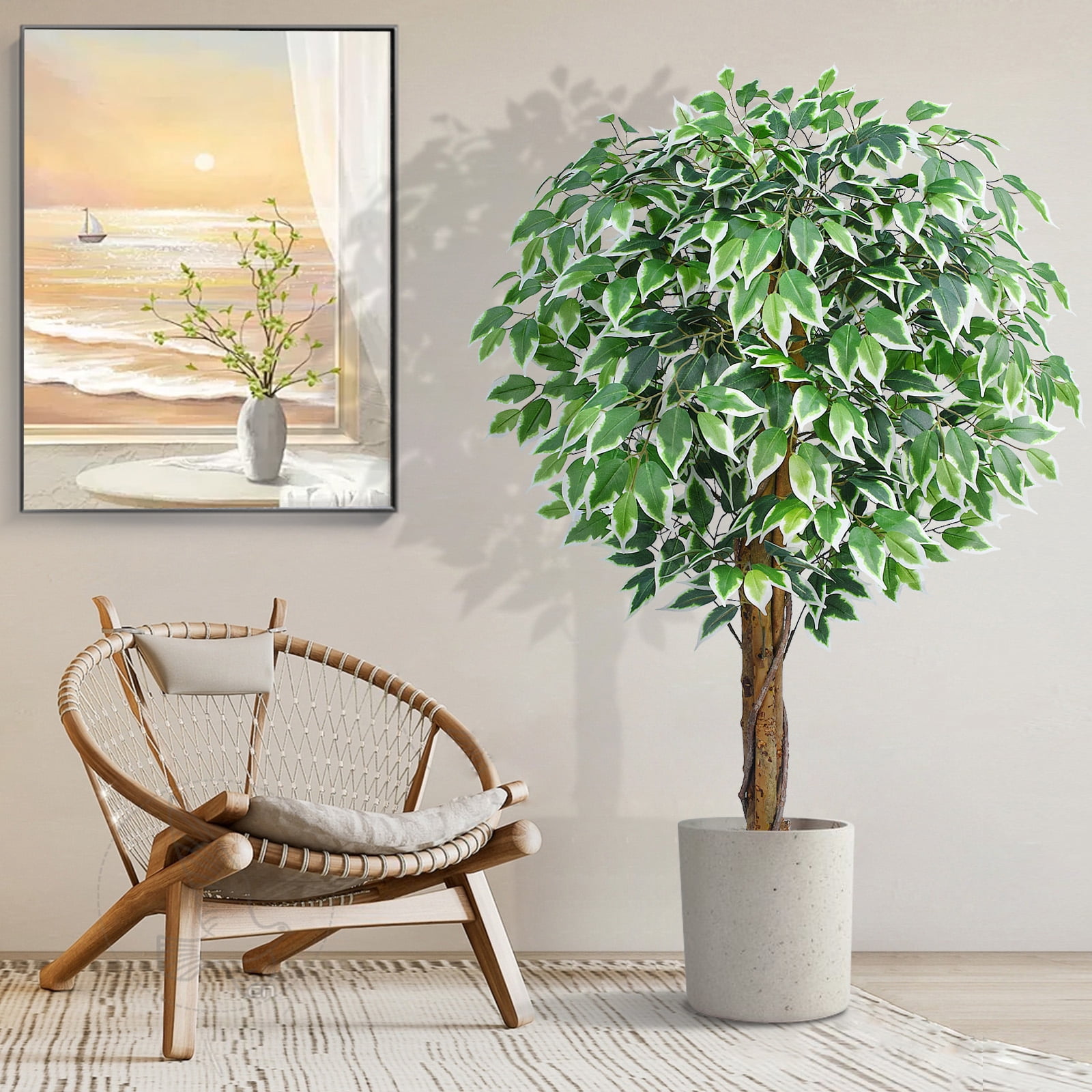 5ft Ficus Artificial Trees with 3 Natural Curved Trunks, 60" Tall Lush Faux Tree for Home Decor Indoor, Green Lifelike Fake Ficus Tree