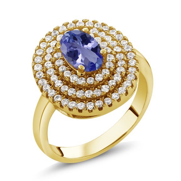 Gem Stone King 1.72 Ct 7x5mm Oval Blue Tanzanite 18K Yellow Gold Plated Silver Ring (Size 9)