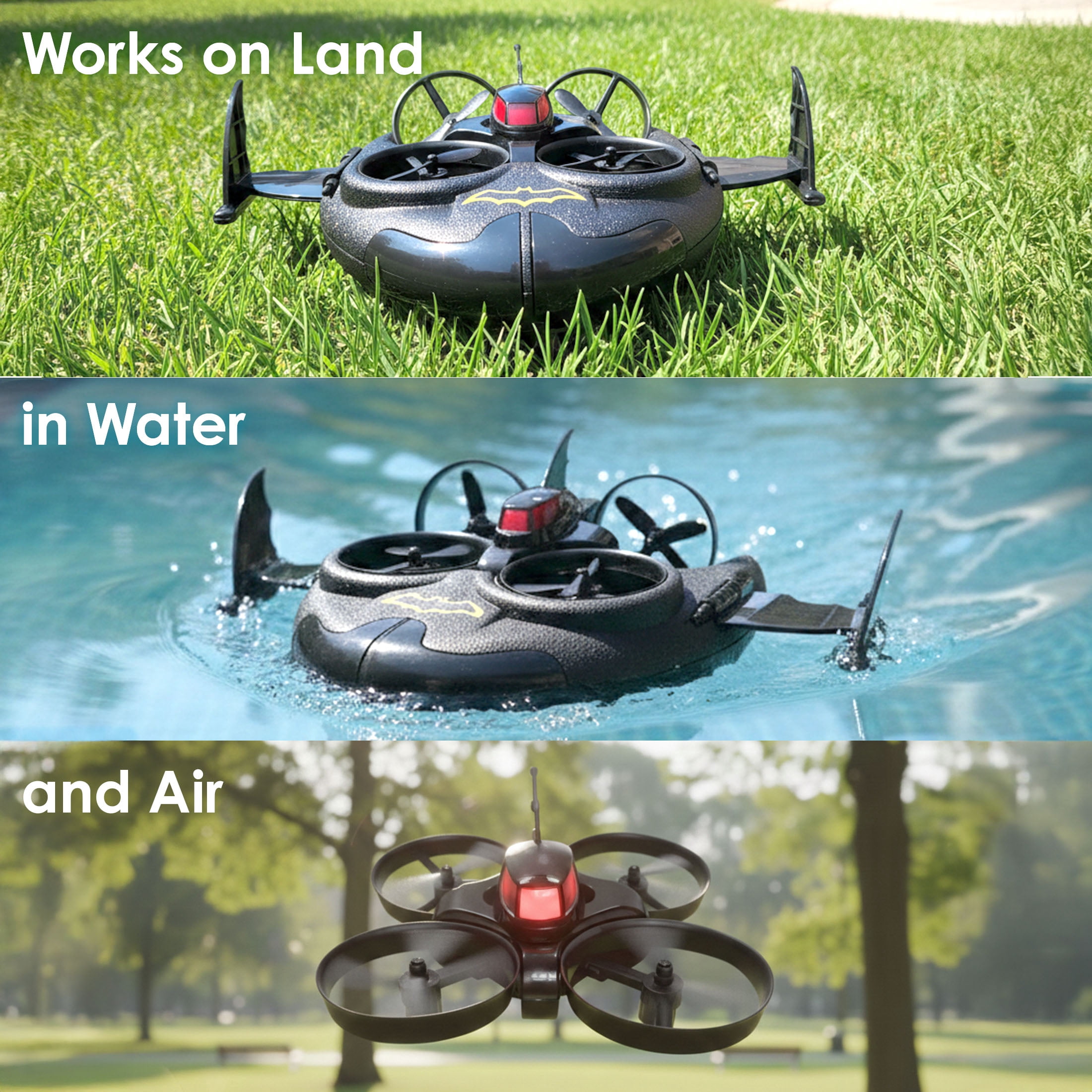 Batman Batboat 3-in-1 RC Drone – Water, Land & Air, 360° Rotation, Rechargeable, Officially Licensed