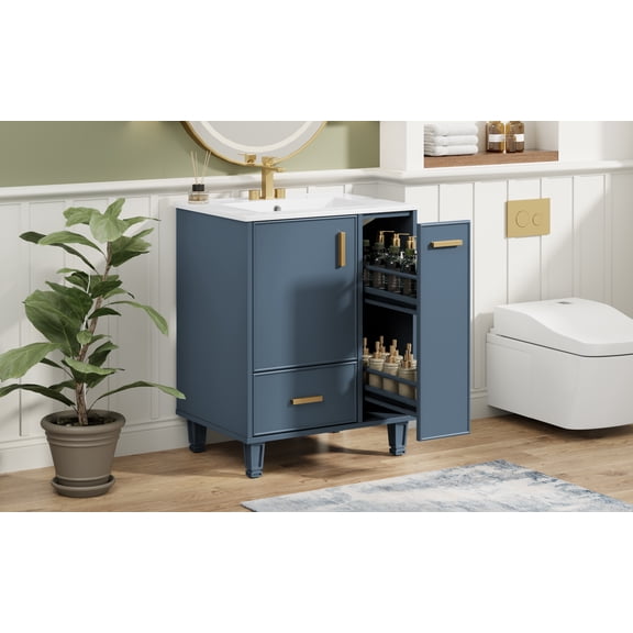 LiviNest 24" Bathroom Vanity with Sink: Modern Blue Vanity Cabinet with Door Shelf & Deep Drawer - Solid Wood Frame Storage Solution for Small Bathrooms & Apartment Living