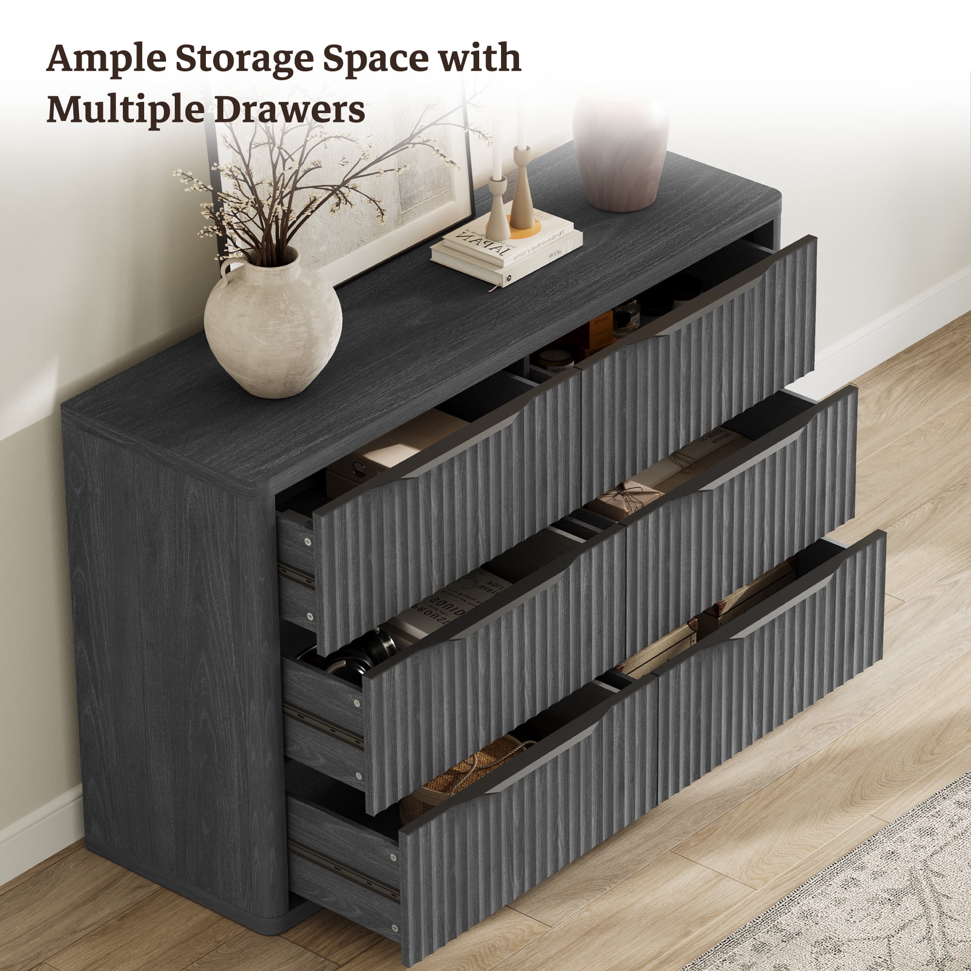 SICOTAS 53.5" Wide 6 Drawer Dresser for Bedroom, Farmhouse Chest of Drawers with Black Handles, Fluted Wood Storage Cabinet for Living Room, Black
