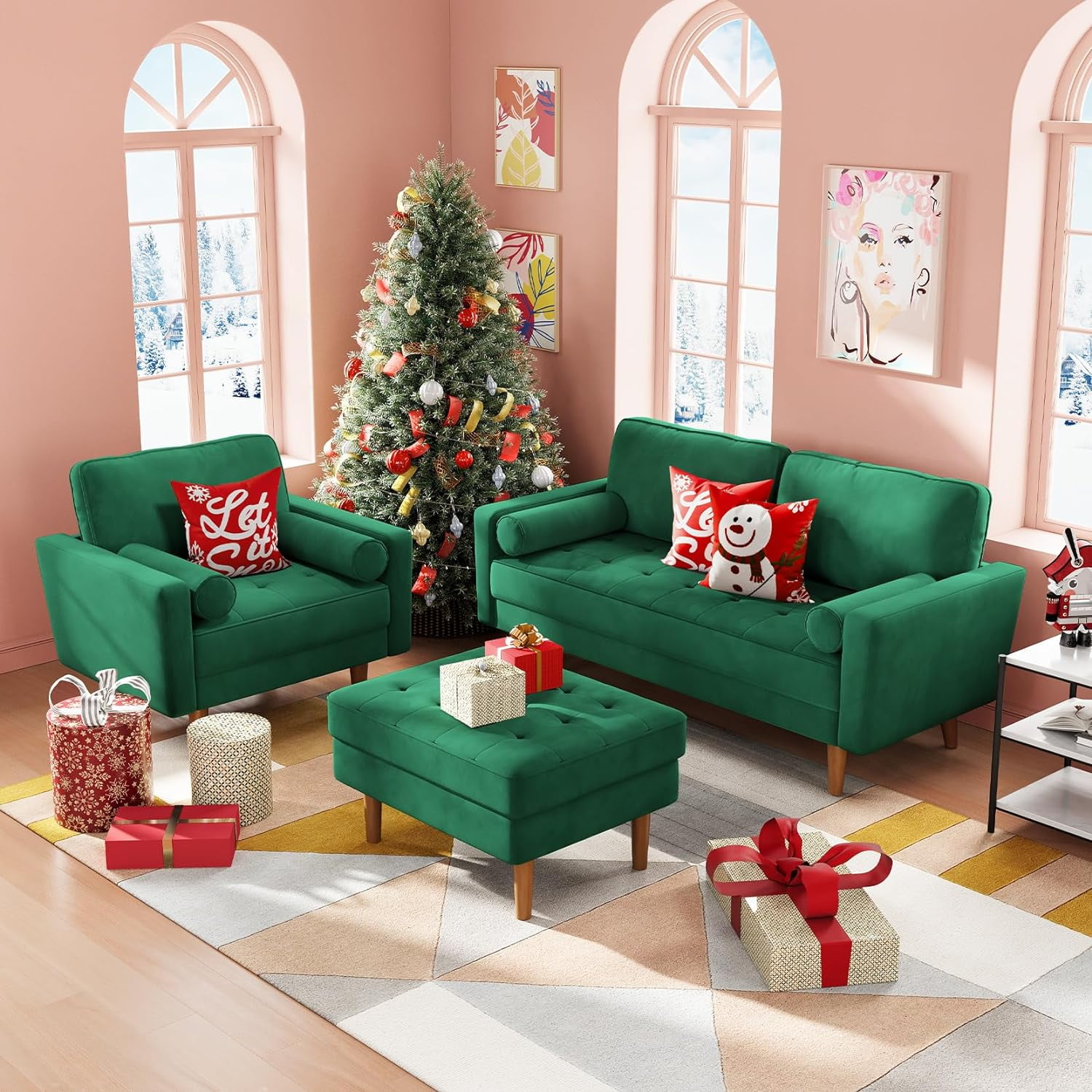 Neche 59" Velvet Spring Sofa Couch for Living Room, Office, Small Space, Solid Wood Leg, One Box, Green