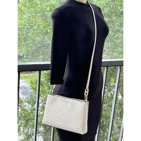 Michael Kors Trisha MD Triple Compartment Crossbody Shoulder Bag MK Cream Multi
