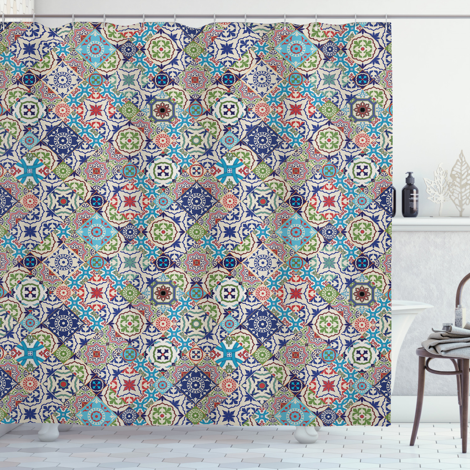 Moroccan Shower Curtain, Complex Colorful Set of Moroccan Tile Motifs