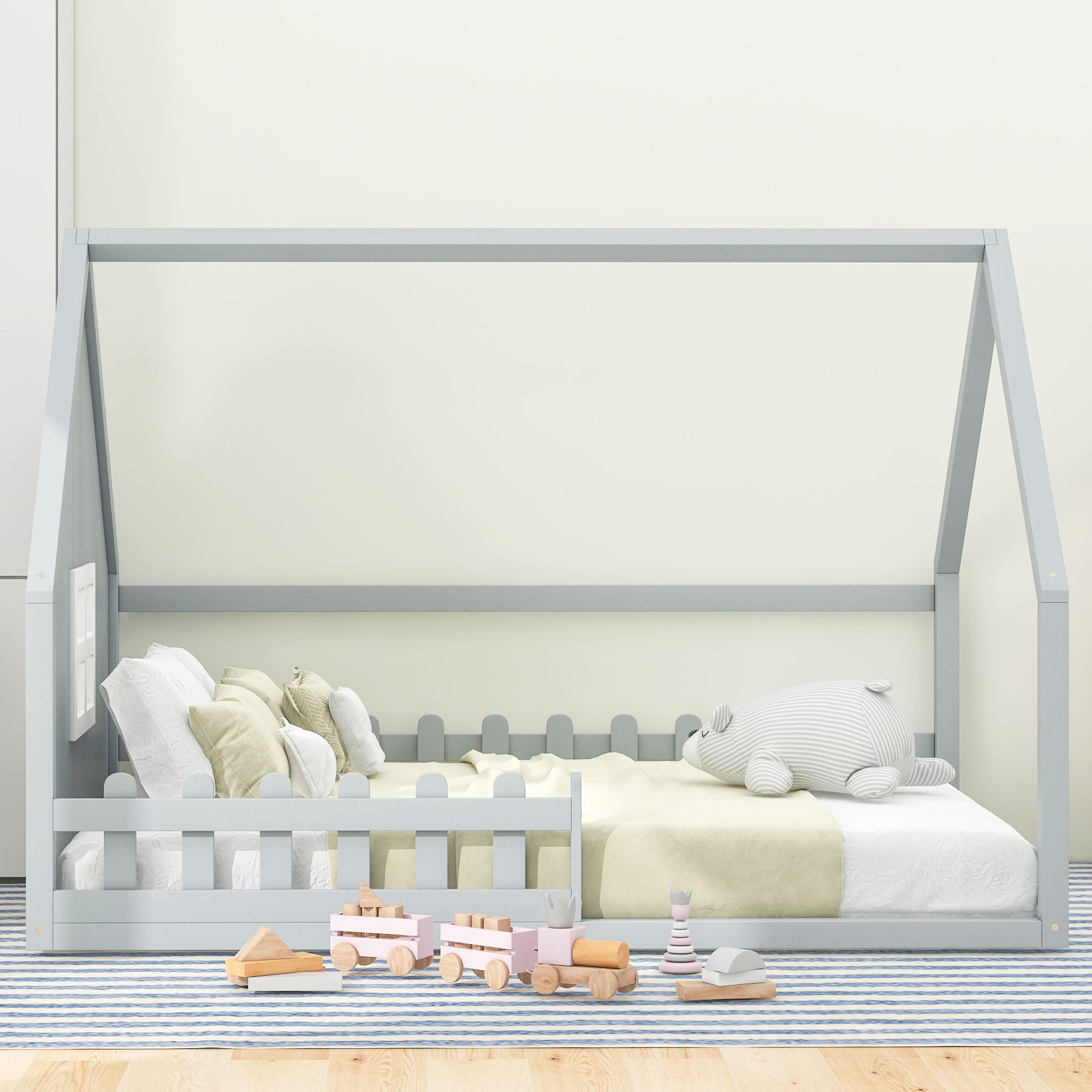 Euroco Wood Full Size House Bed, Low Profile Platform Bed, Gray
