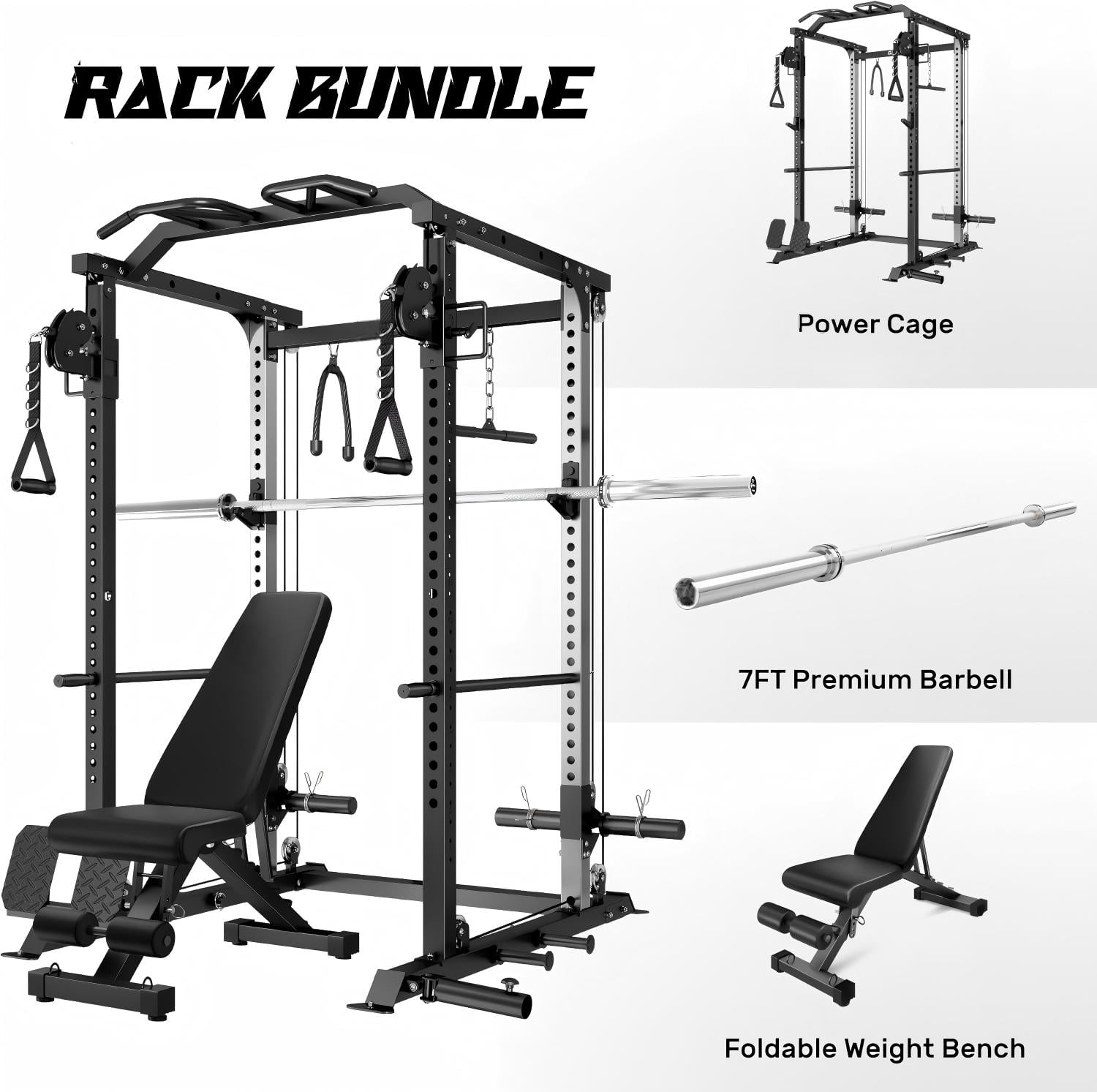 Power Cage, 2000LBS Squat Rack with with Cable Crossover and Dual Independent Pulley System, Full Cage for Full Body Training, Power Rack with More Training Attachments for Home Gym