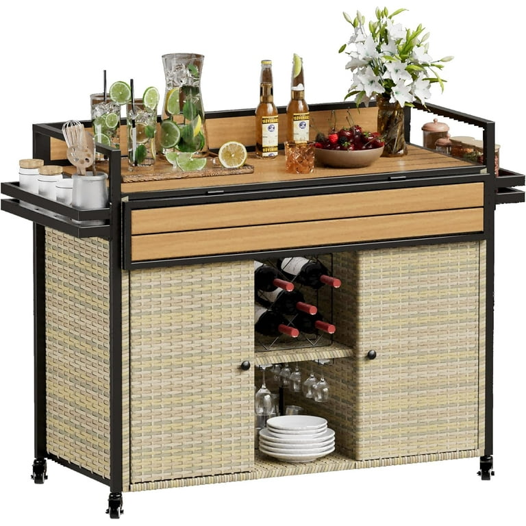 PAKASEPT Outdoor Kitchen Wicker Rolling Bar Cart with Storage