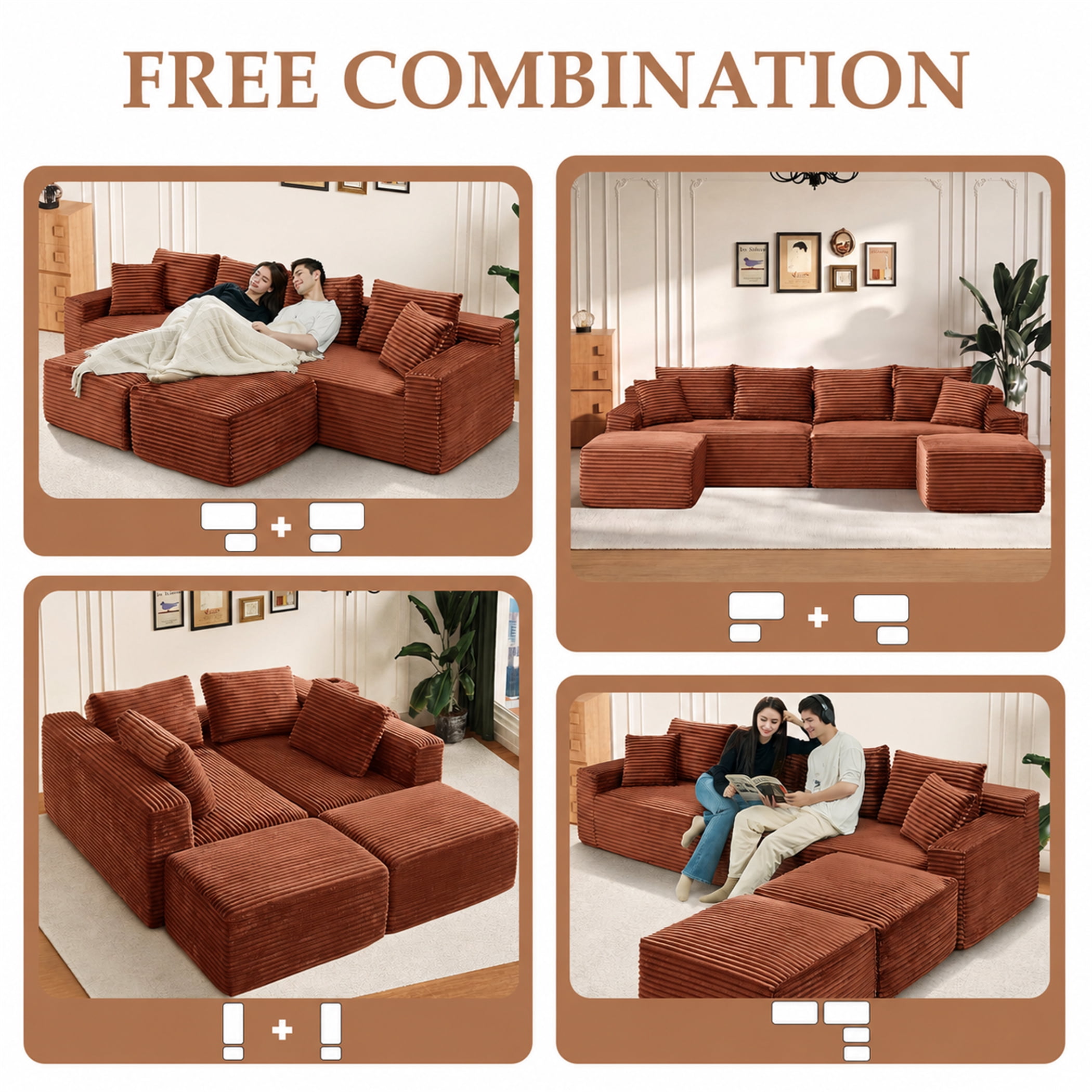 Aukfa 115" Cloud Sectional Sofa U Shape Modular Boneless Couch for Living Room, 2 Ottoman&Pillows, Corduroy, Orange