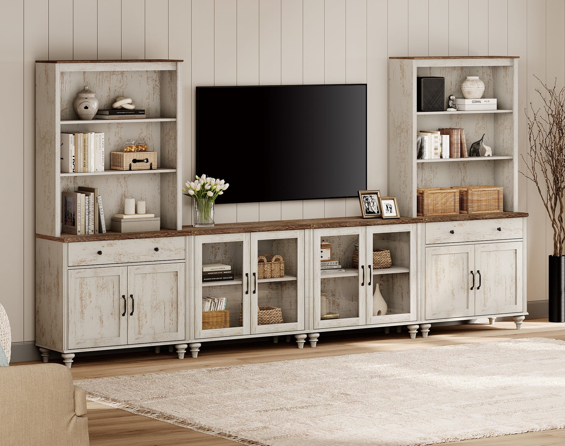 WAMPAT Farmhouse Entertainment Center with Bookshelf for TVs up to
