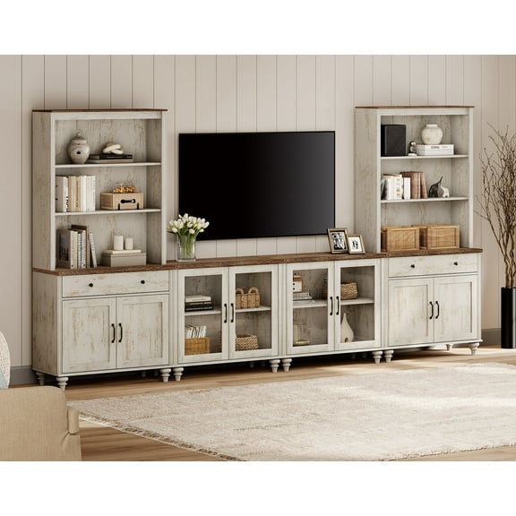Farmhouse Wall Unit Entertainment Center with Doors & Drawer, TV Stand with Bookshelves for TVs up to 75", Media Console Table for Living Room, Bedroom & Home Theater in Rustic White