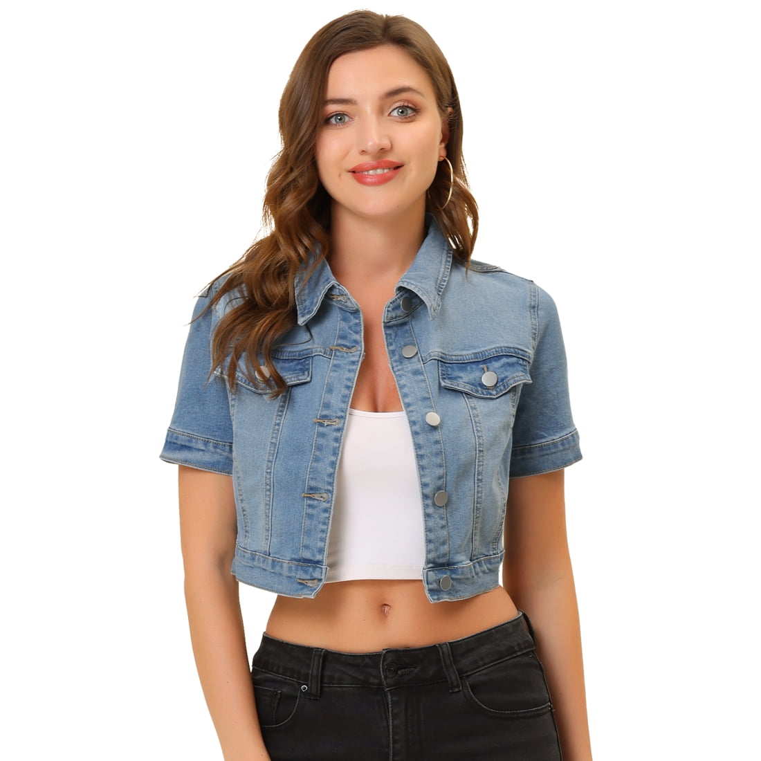 Unique Bargains Women s Casual Jacket Short Sleeves Cropped Jean Denim Jackets Light Blue S Other