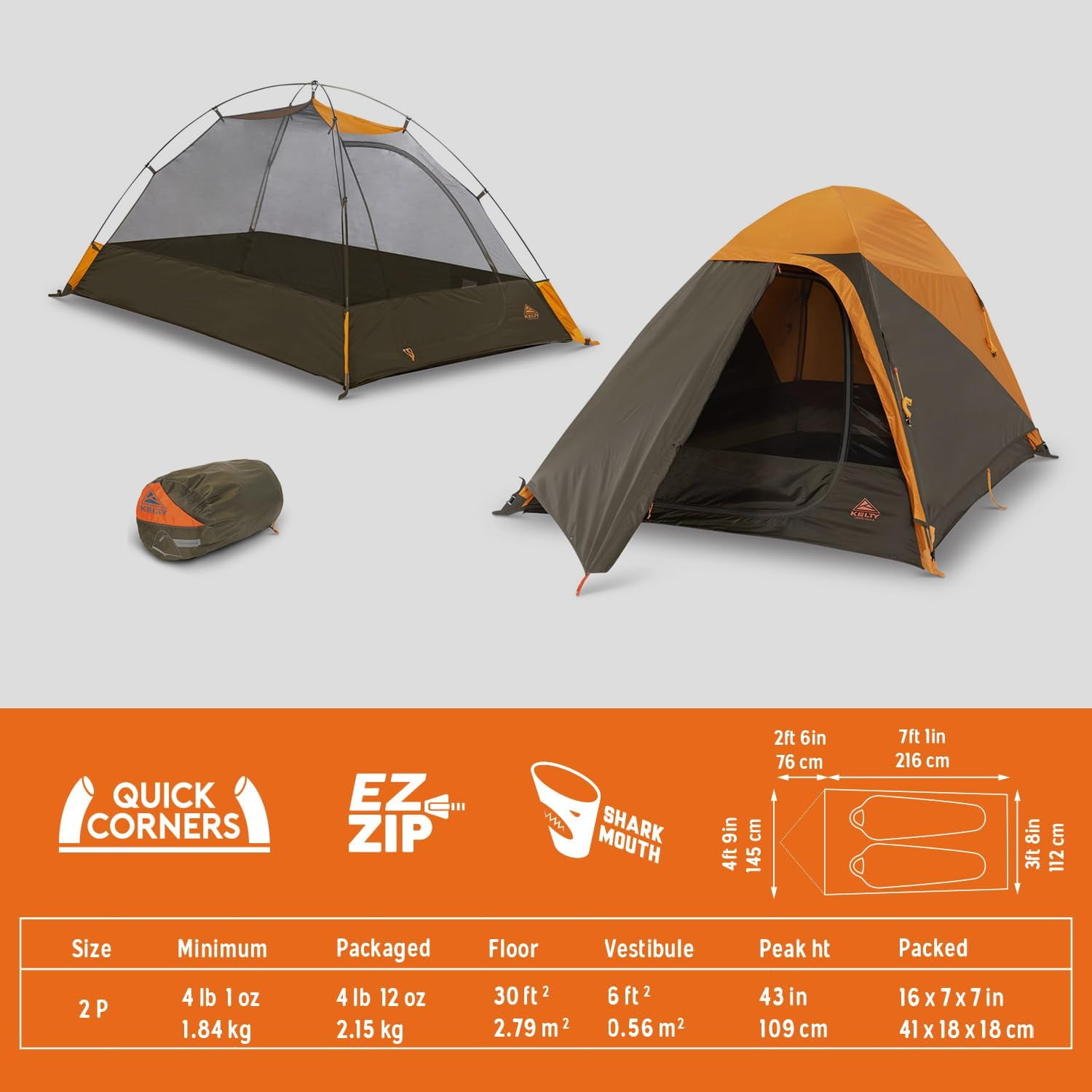 Kelty Grand Mesa 2P  Backpacking Tent – 3 Season Camping, Thru Hiking Shelter, Aluminum Pole Frame, Single Door + Vestibule, 2024 Model