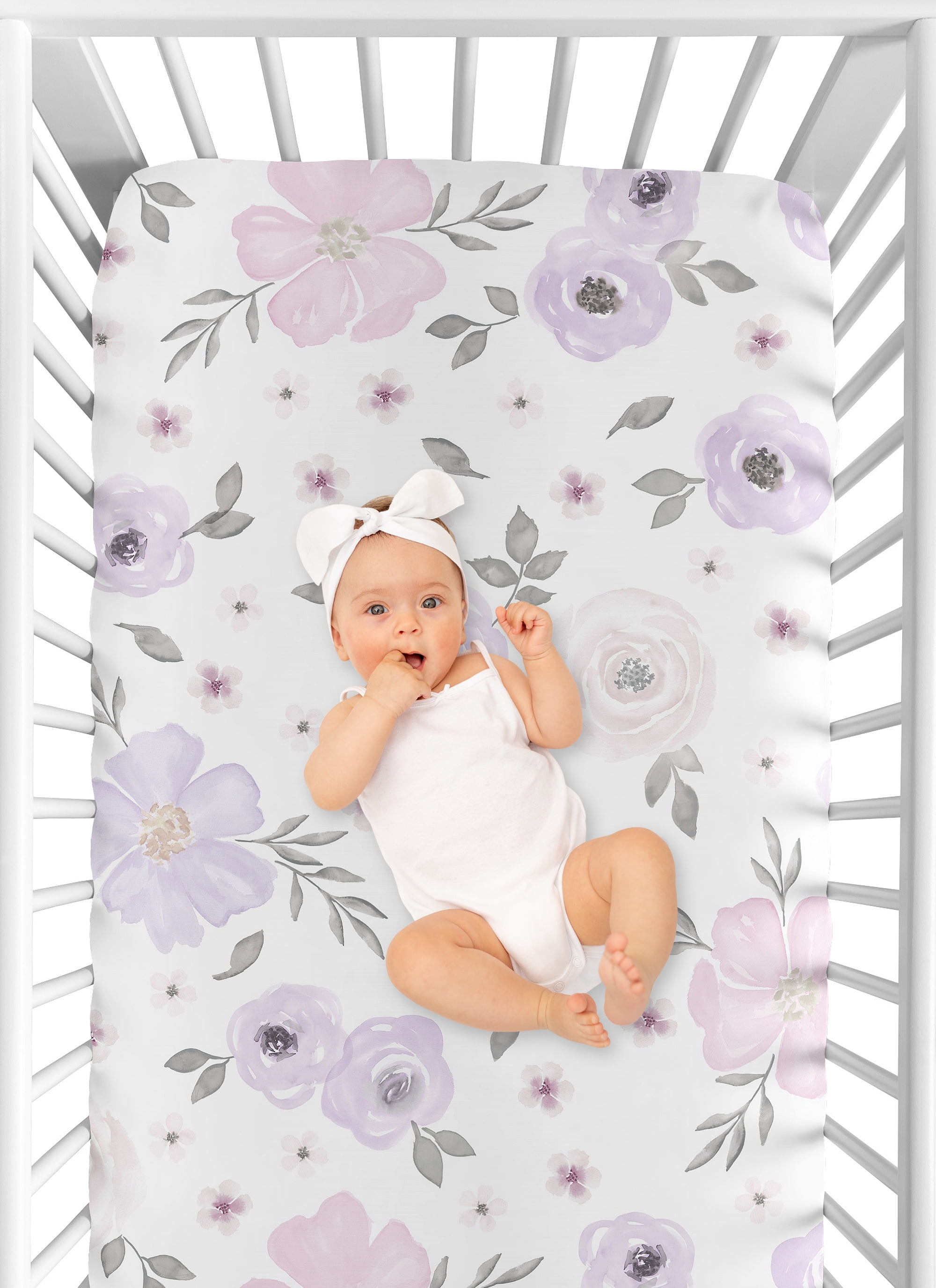 Sweet Jojo Designs Watercolor Floral Purple and Pink and Grey Fitted Crib Sheets 2 Piece Set