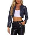 thumbnail image 1 of Chaquetas cortas de cuero PU Inspire Chic para mujer, chaqueta de manga larga de frente abierto, XS, azul oscuro, 1 of 5
