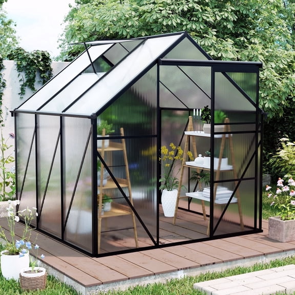 CarButler 6x6ft Polycarbonate Greenhouse Heavy Duty Walk-in Garden House with Sliding Door and Vent for Outdoor Garden Backyard Black