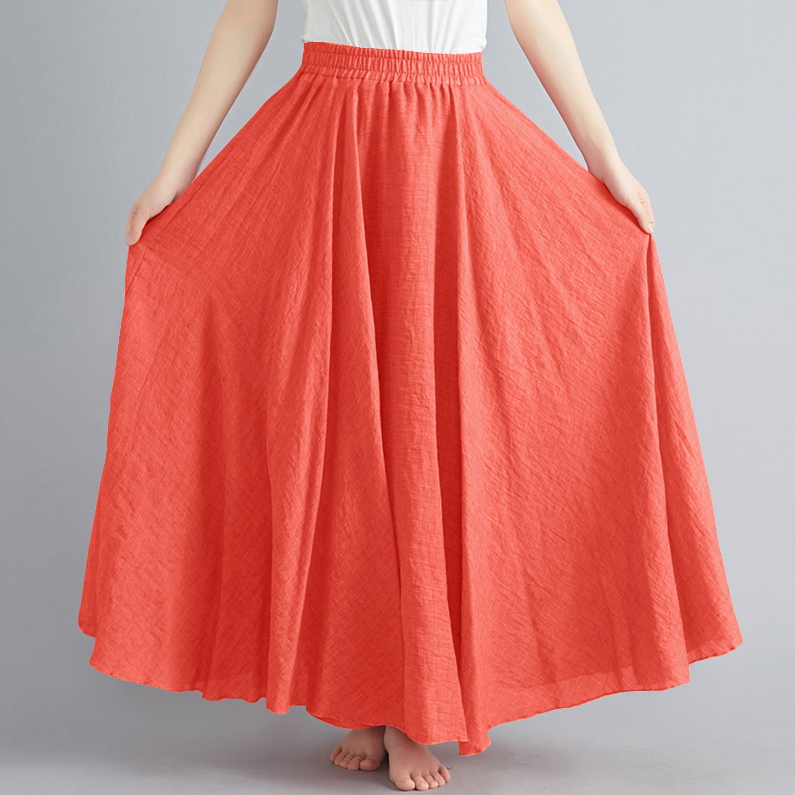 Cavosen Tennis Skirts for Women Long Maxi Ankle Length Skirts Linen Pleated Pencil Skirts Elastic Waist Plain Summer Skirts Oversized Dress Athletic Beachwear Resortwear Orange