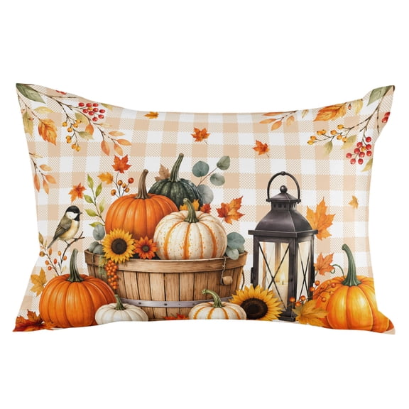 Fall Pumpkin Throw Pillow Cover 16 x 24 Inch Decorative Pillow Cover Thanksgiving Harvest Maple Leaf Flowers Plaid Lumbar Pillowcase Seasonal Rectangle Cushion Case for Couch Sofa Bed Living Room