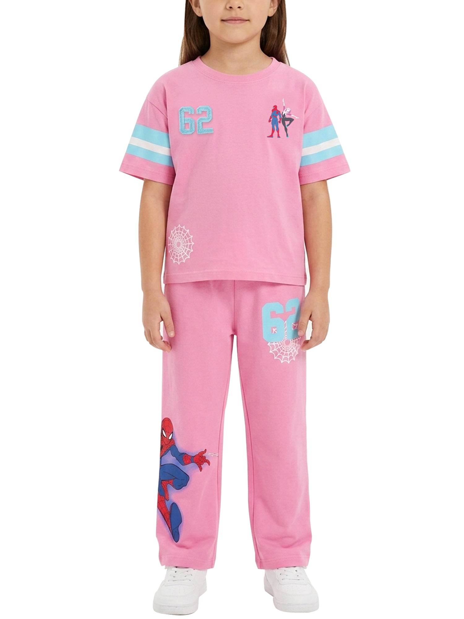 Spider-Man Girls' Athletic Front & Back T-shirt with Embroidery & Straight Leg Fleece Pants, 2-Piece, Sizes 4-16