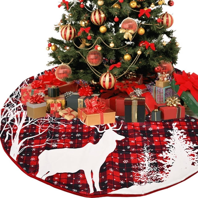 Falda de árbol de Navidad de 48 pulgadas, falda de árbol a cuadros de búfalo rojo y negro con diseño de copo de nieve de ciervo, Feliz Navidad, Año Nuevo