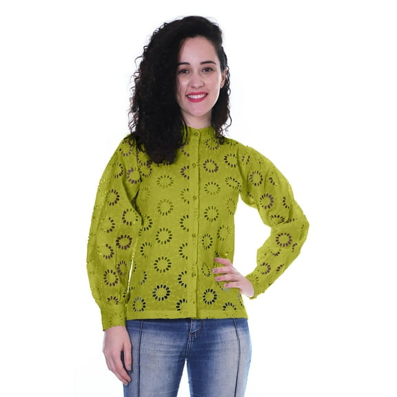 Moomaya Womens Button Down Top Solid Schiffli Cotton Full Sleeve Casual Summer Kurta Shirt