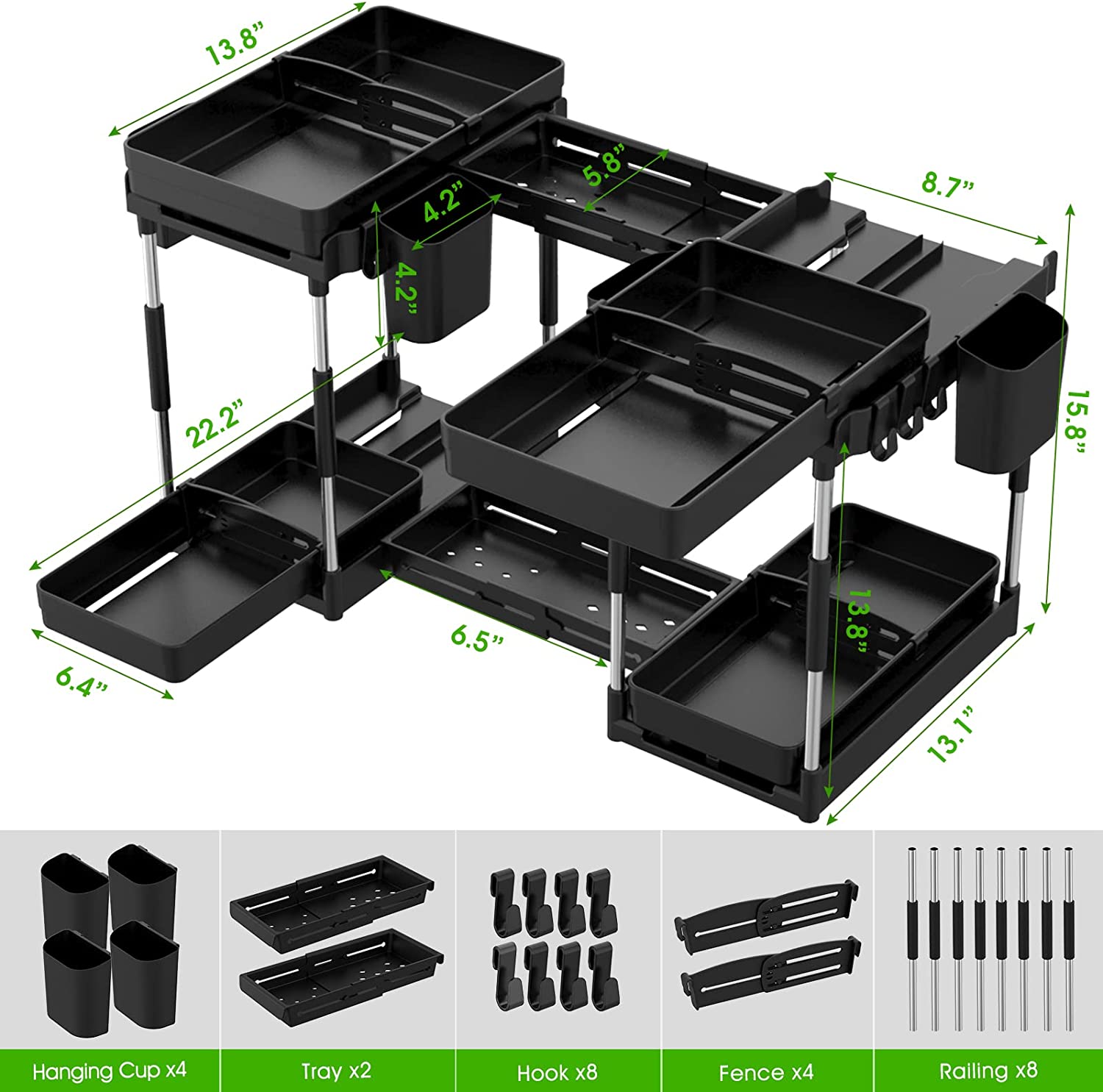 Double Sliding Under Sink Organizers and Storage - 2 Tier Pull Out Under Kitchen Cabinet Organizer w 2 Hanging Cup,6 Hooks,2 Dividers, Under Counter Sink Organization for Bathroom, Adjustable H and W