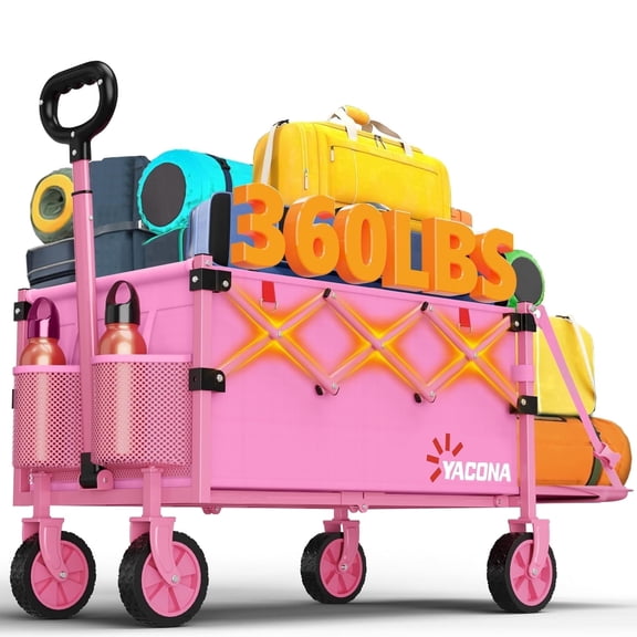 Yacona Wagons Carts Foldable with Tailgate, 360lbs Collapsible Extended Beach Wagon, Heavy Duty Folding Utility Cart, Pink